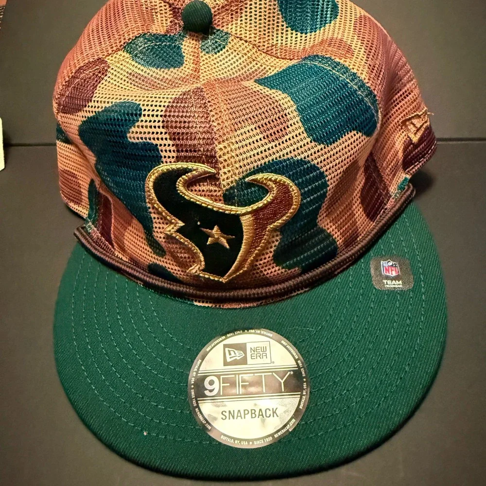 New Era Houston Texans Snapback Hat OSFM Green Camo NEW 9FIFTY NFL Mesh Trucker